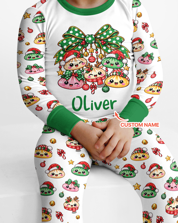 Custom Name Christmas Dumpling The Bow Bamboo Two Piece Long Sleeve Pajama Set