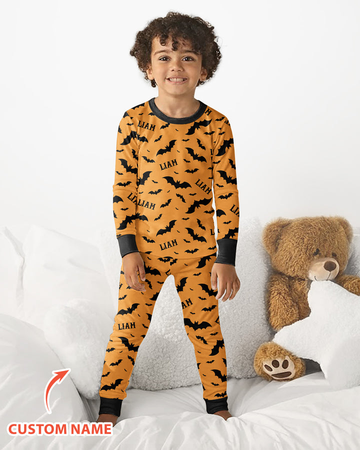 Black Bat Halloween Custom Name Bamboo Two Piece Long Sleeve Pajama Set