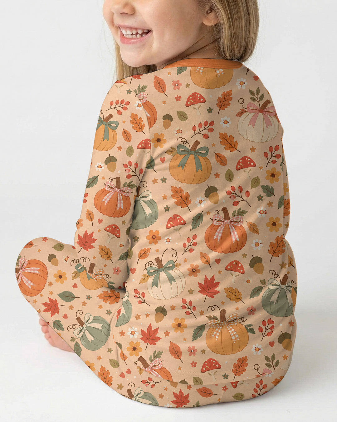Pastel Pumpkin Bow Fall Bamboo Two Piece Long Sleeve Pajama Set