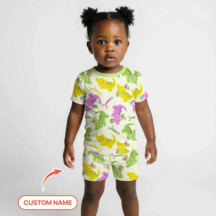 Custom Name Mardi Gras Alligator Bamboo Two Piece Short Sleeve Shorts Pajama Set