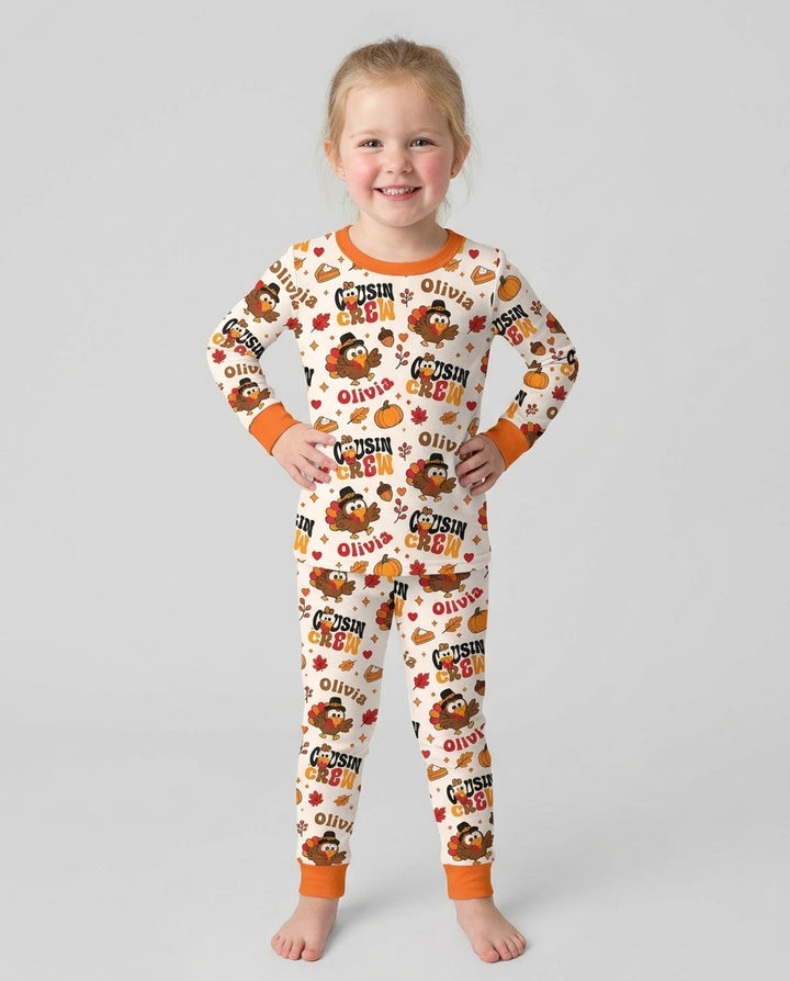 Personalized Cousin Crew Thanksgiving Bamboo Two Piece Long Sleeve Pajama Set