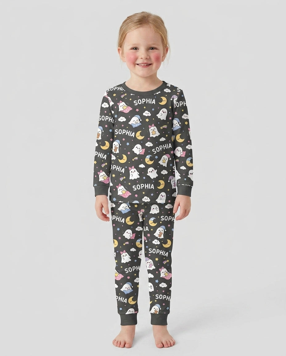 Sweet Dreams Cute Ghost Custom Name Bamboo Two Piece Long Sleeve Pajama Set