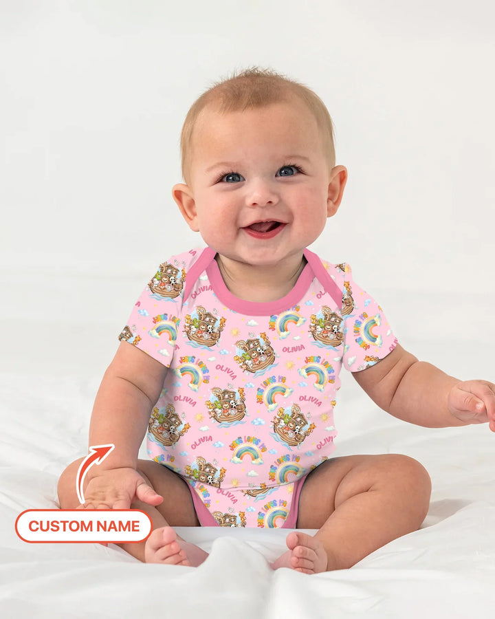 Custom Name Jesus Loves Me Noah's Ark Bamboo Bodysuit