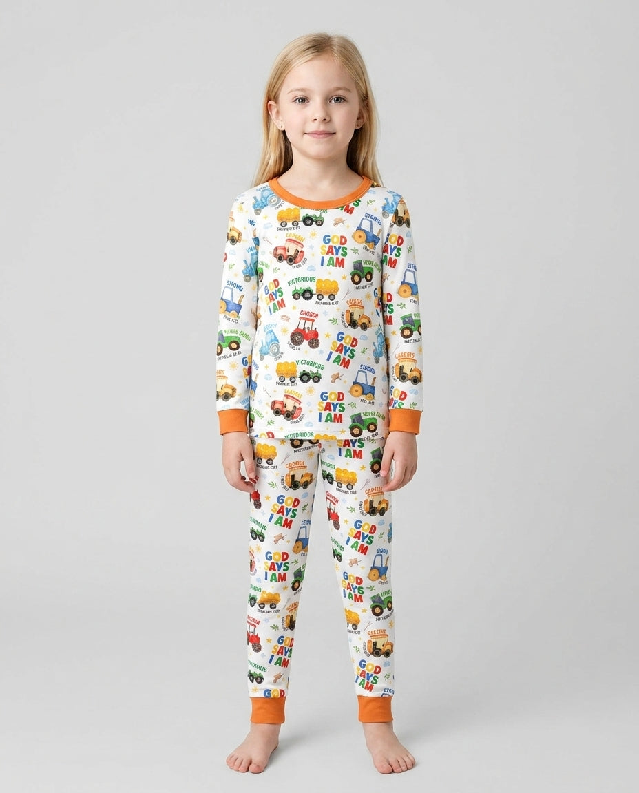 Farm Vehicles God Says I am Bamboo Two Piece Long Sleeve Pajama Set