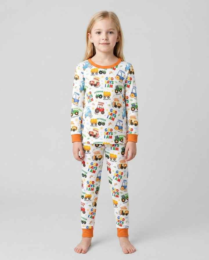 Farm Vehicles God Says I am Bamboo Two Piece Long Sleeve Pajama Set