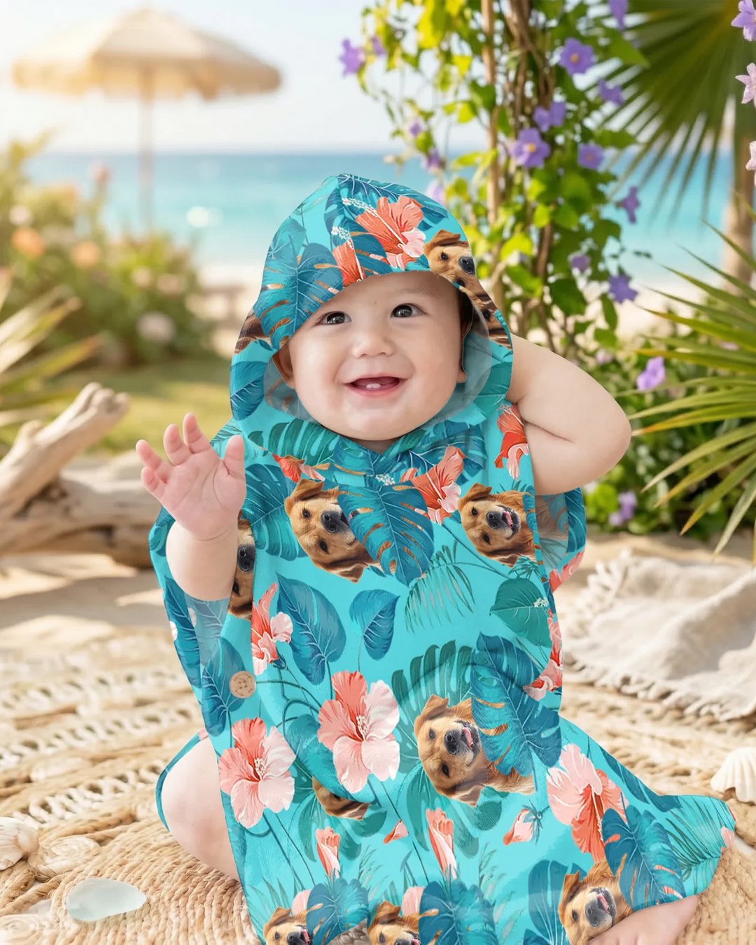 Hawaiianischer Badeponcho für Hunde aus Bambus mit individuellem Foto