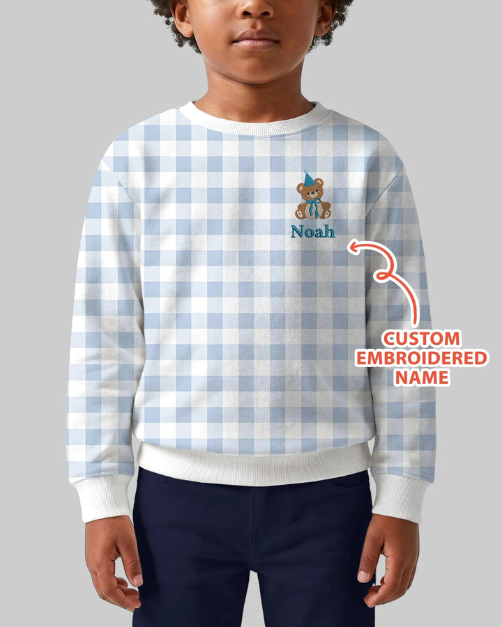 Custom Embroidered  Name Birthday Teddy BambooCrewneck Sweatshirt