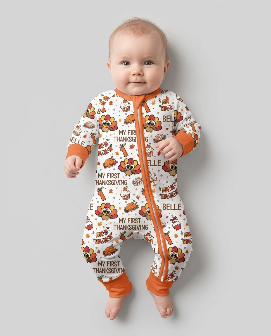 Custom Name Doodle Turkey My First Thanksgiving Bamboo Convertible Zippy