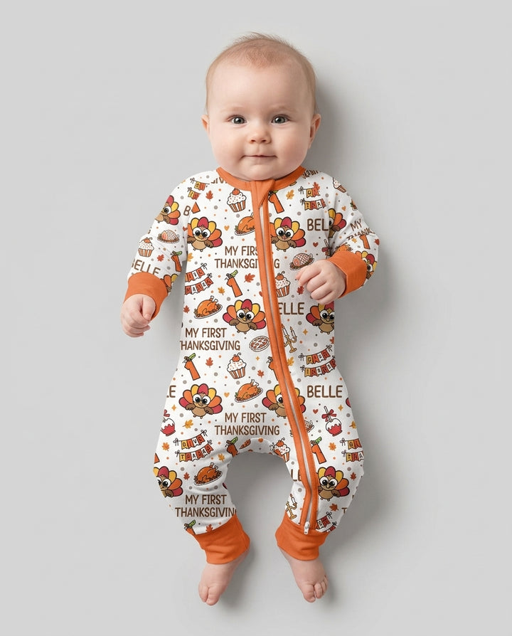 Custom Name Doodle Turkey My First Thanksgiving Bamboo Convertible Zippy