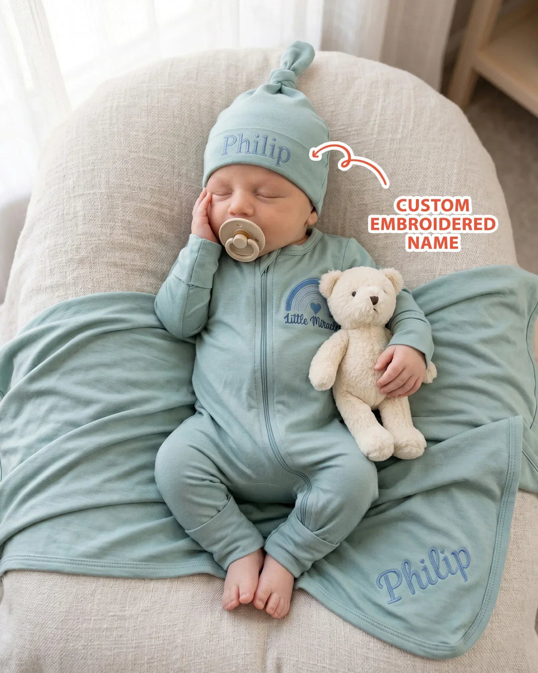 Personalized Little Miracle Blue Embroidered Bamboo Convertible Zippy