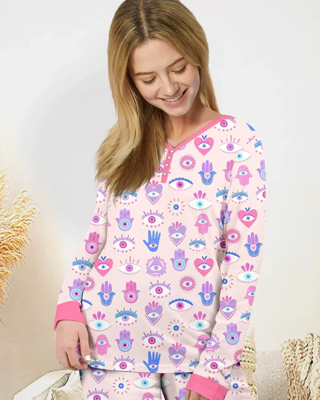 Hamsa Herz Wächter Familien-Pyjama-Set aus Bambus für Damen