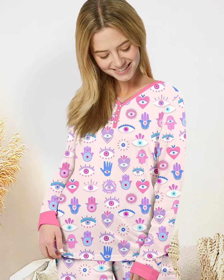 Hamsa Herz Wächter Familien-Pyjama-Set aus Bambus für Damen