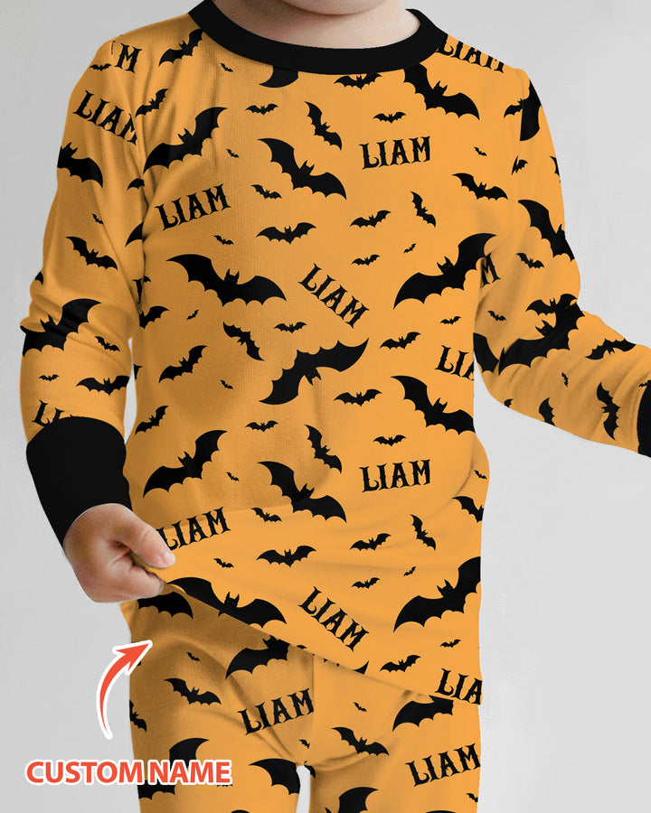 Black Bat Halloween Custom Name Bamboo Two Piece Long Sleeve Pajama Set