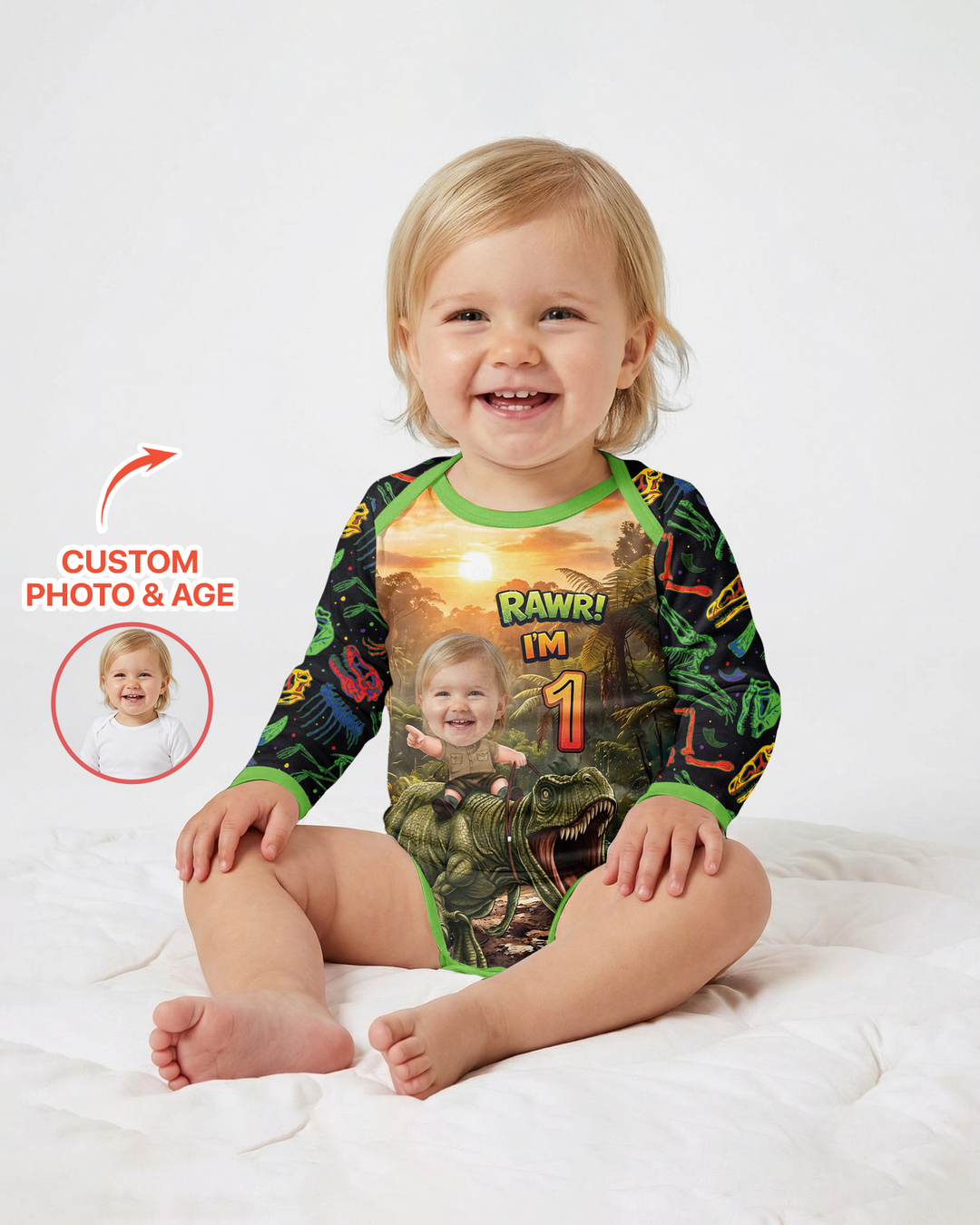 Custom Photo Dino Rawr Birthday Bamboo Bodysuit