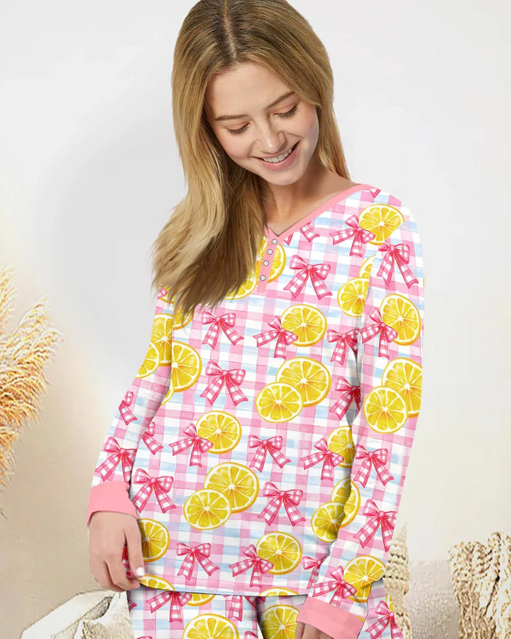 Pink Lemons Schleifen Kariertes Bambus Damen Schlafanzug Set