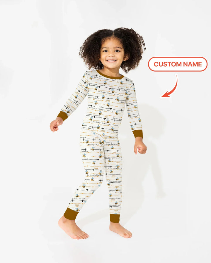 Bee Strong And Courageous Custom Name Bamboo Two Piece Long Sleeve Pajama Set