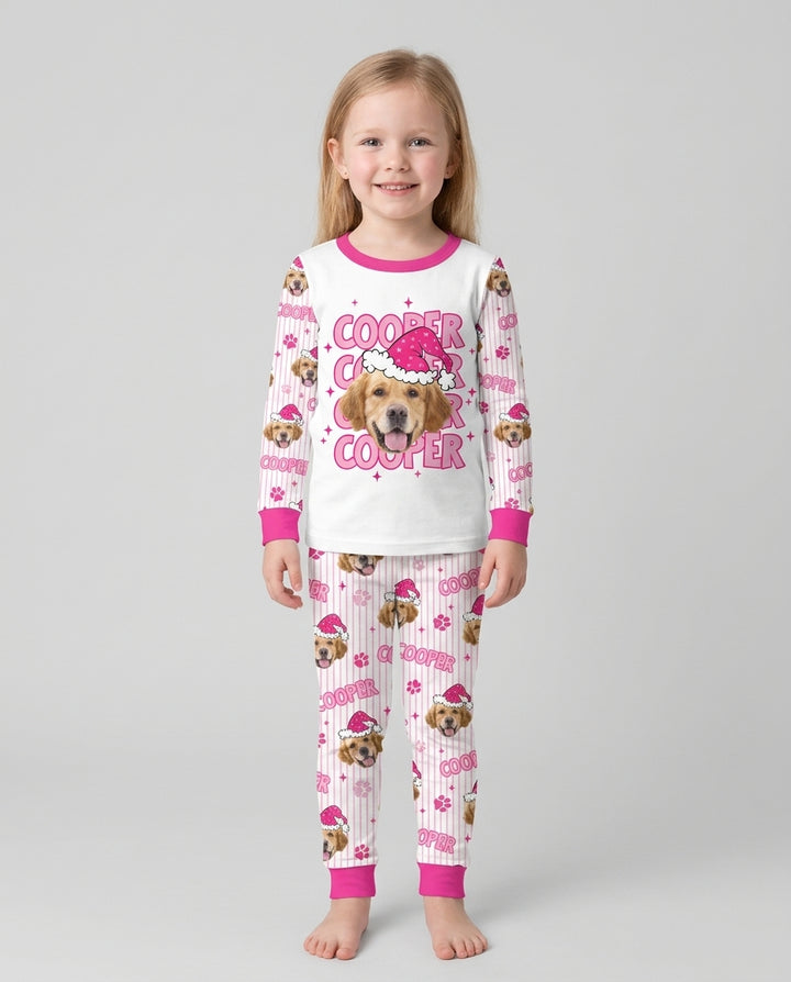 Personalized Pink Santa Dog Bamboo Two Piece Long Sleeve Pajama Set