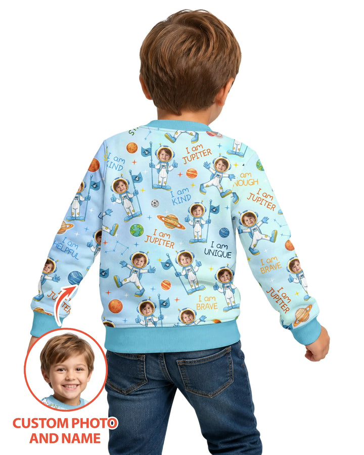 Custom Photo Kid Affirmations I Am Kind Astronaut Bamboo Crewneck Sweatshirt