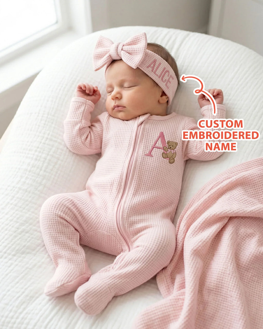 Personalized Cute Bear Embroidered Waffle Bamboo Zipper Footie
