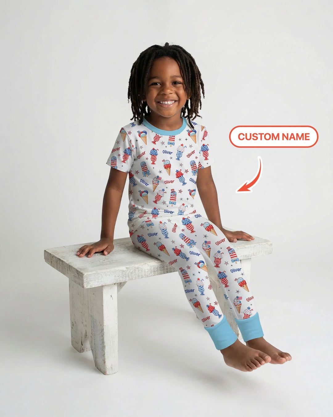Custom Name Red, White & Ice Cream Bamboo Two Piece Short Sleeve Pajama Set