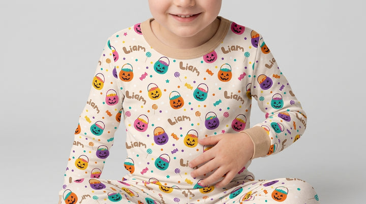 Custom Colorful Trick Or Treat Halloween Candy Bag Bamboo Two Piece Long Sleeve Pajama Set