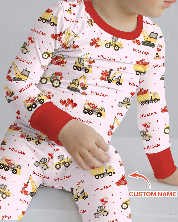 Custom Name Valentine Trucks Family Matching Bamboo Two Piece Long Sleeve Pajama Set
