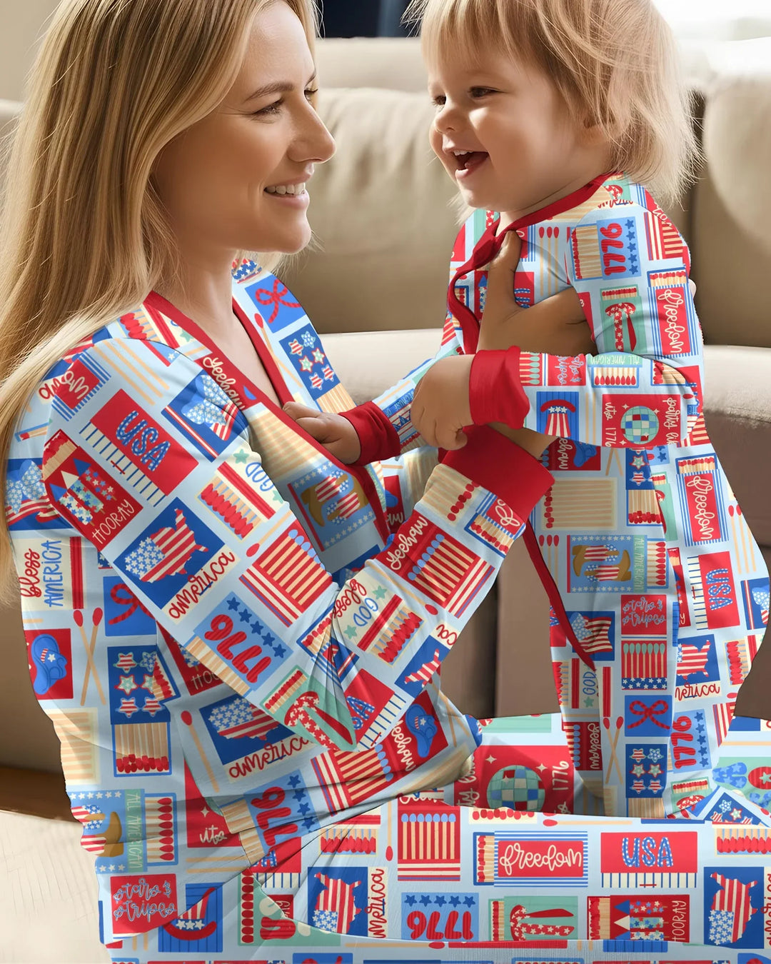 Patriotisches Streichholzschachtel-Pyjama-Set aus Bambus für Damen im Partnerlook