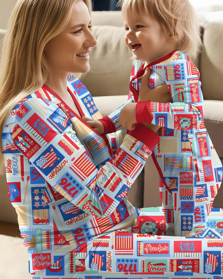 Patriotisches Streichholzschachtel-Pyjama-Set aus Bambus für Damen im Partnerlook