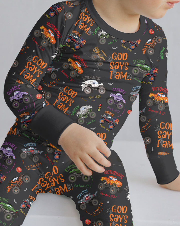 God Says I Am BOY Halloween Monster Truck  Bamboo Two Piece Long Sleeve Pajama Set