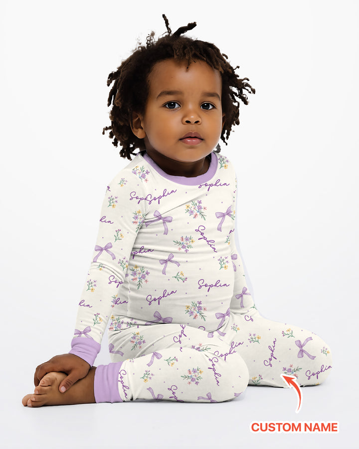 Pastel Ditsy Floral Bow Bamboo Two Piece Long Sleeve Pajama Set