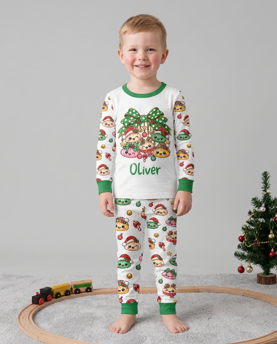 Custom Name Christmas Dumpling The Bow Bamboo Two Piece Long Sleeve Pajama Set