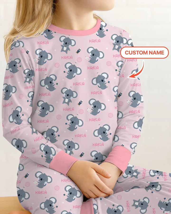 Custom Name Cosmic Koala Bamboo Two Piece Long Sleeve Pajama Set