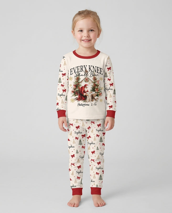 Every Knee Shall Bow Custom Name Mommy And Me Matching Bamboo Two Piece Long Sleeve Pajama Set