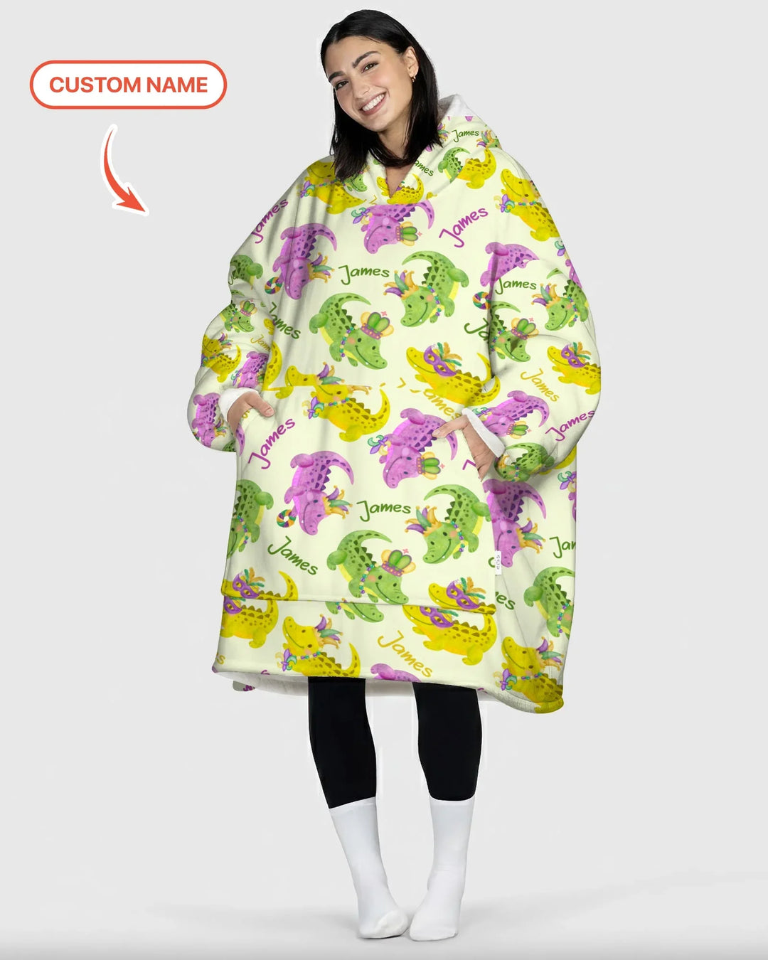 Personalisierter Name Mardi Gras Alligator Tragbare Bambus-Decken-Kapuzenjacke