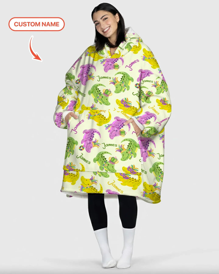 Personalisierter Name Mardi Gras Alligator Tragbare Bambus-Decken-Kapuzenjacke