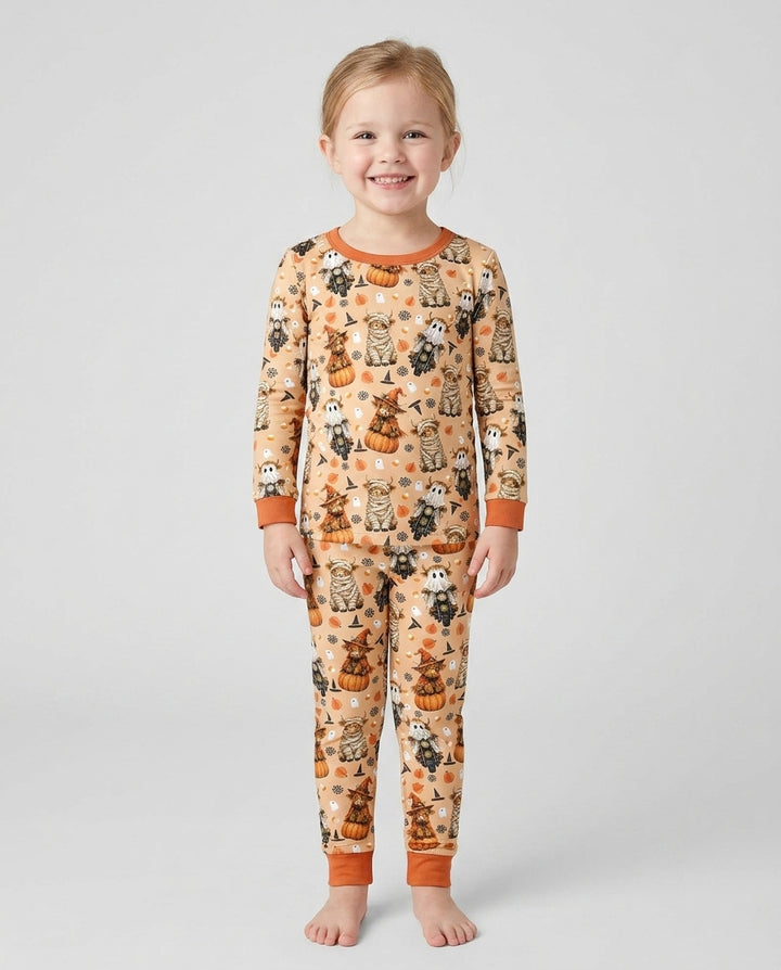 Funny Halloween Highland Cow Bamboo Two Piece Long Sleeve Pajama Set