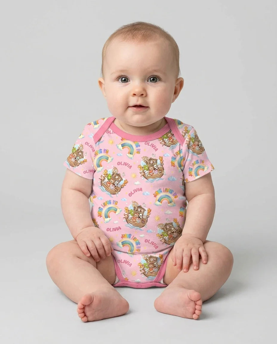 Custom Name Jesus Loves Me Noah's Ark Bamboo Bodysuit