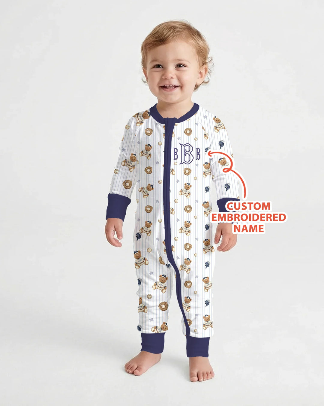 Personalized Embroidered Teddy Bear Baseball Baby Bamboo Convertible Zippy