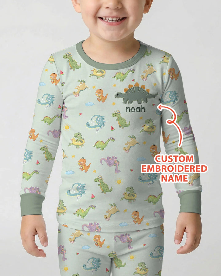 Custom Embroidered Name Summer Dinosaur Bamboo Two Piece Long Sleeve Pajama Set