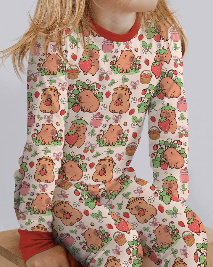 Capybara Strawberry Bamboo Two Piece Long Sleeve Pajama Set