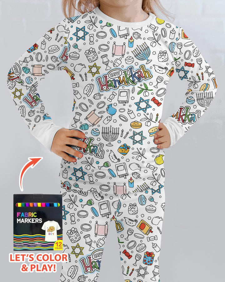 Happy Hanukkah Colorable Bamboo Two Piece Long Sleeve Pajama Set