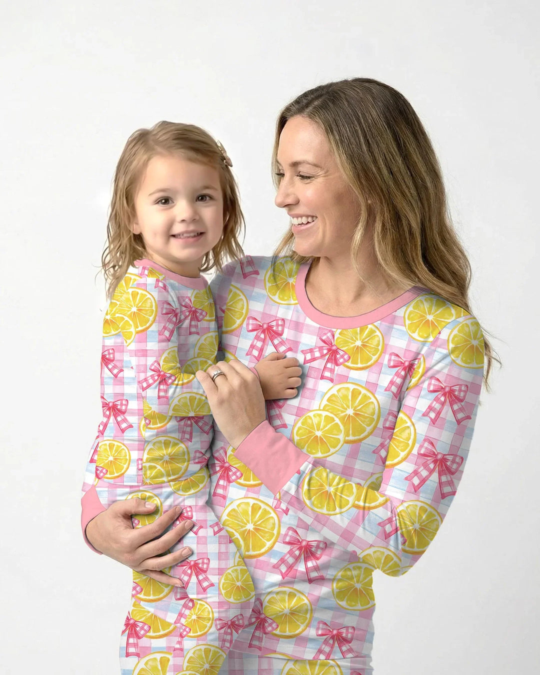 Pink Lemons Bows Checkered Bamboo Two Piece Long Sleeve Pajama Set