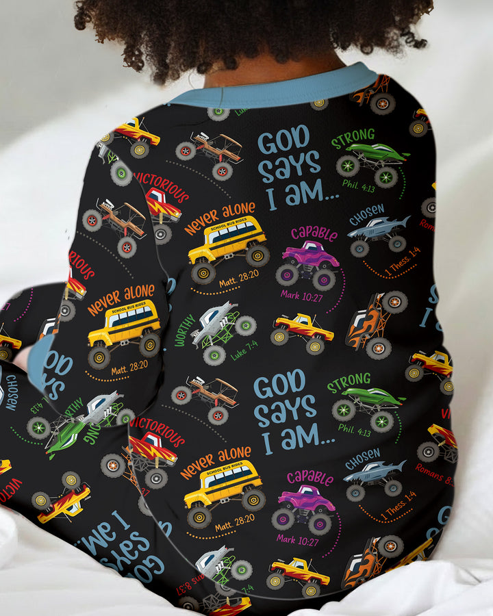 God Says I Am Monster Truck Bamboo Two Piece Long Sleeve Pajama Set