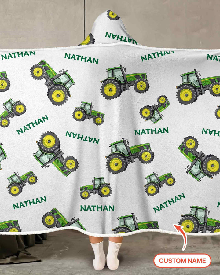 Custom Name Green Tractors Matching Daddy & Me Bamboo Wearable Hooded Blanket