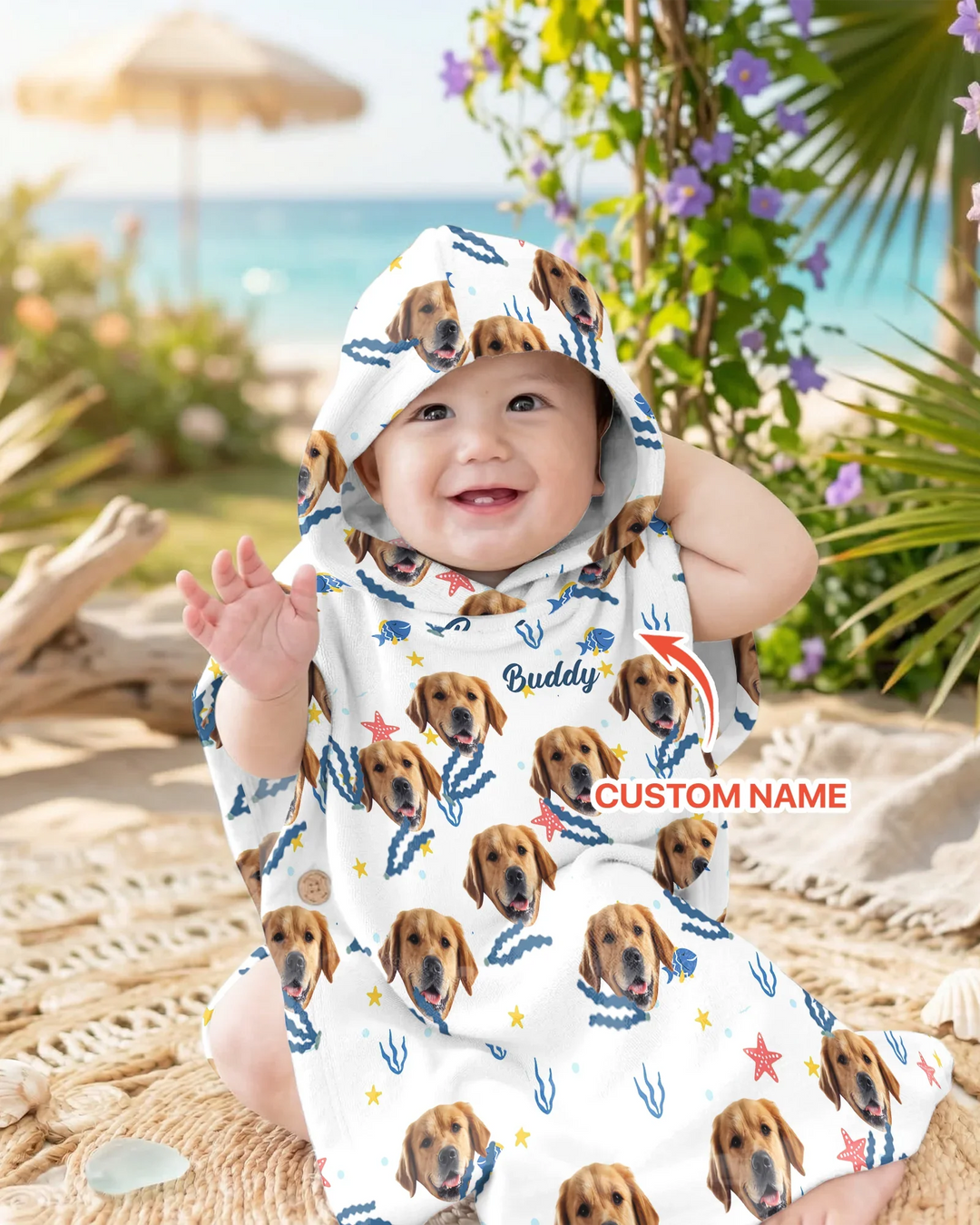 Individueller Foto-Bambus-Schwimmponcho „Wir brauchen alle Vitamin See“
