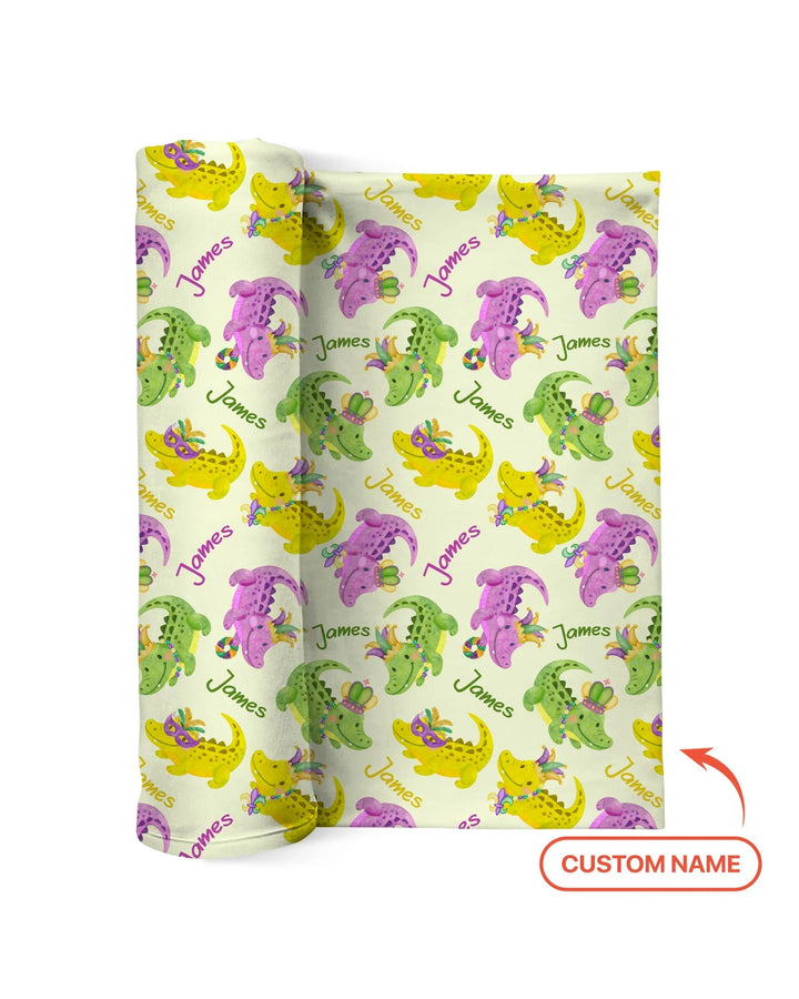 Custom Name Mardi Gras Alligator Bamboo Swaddle Blanket