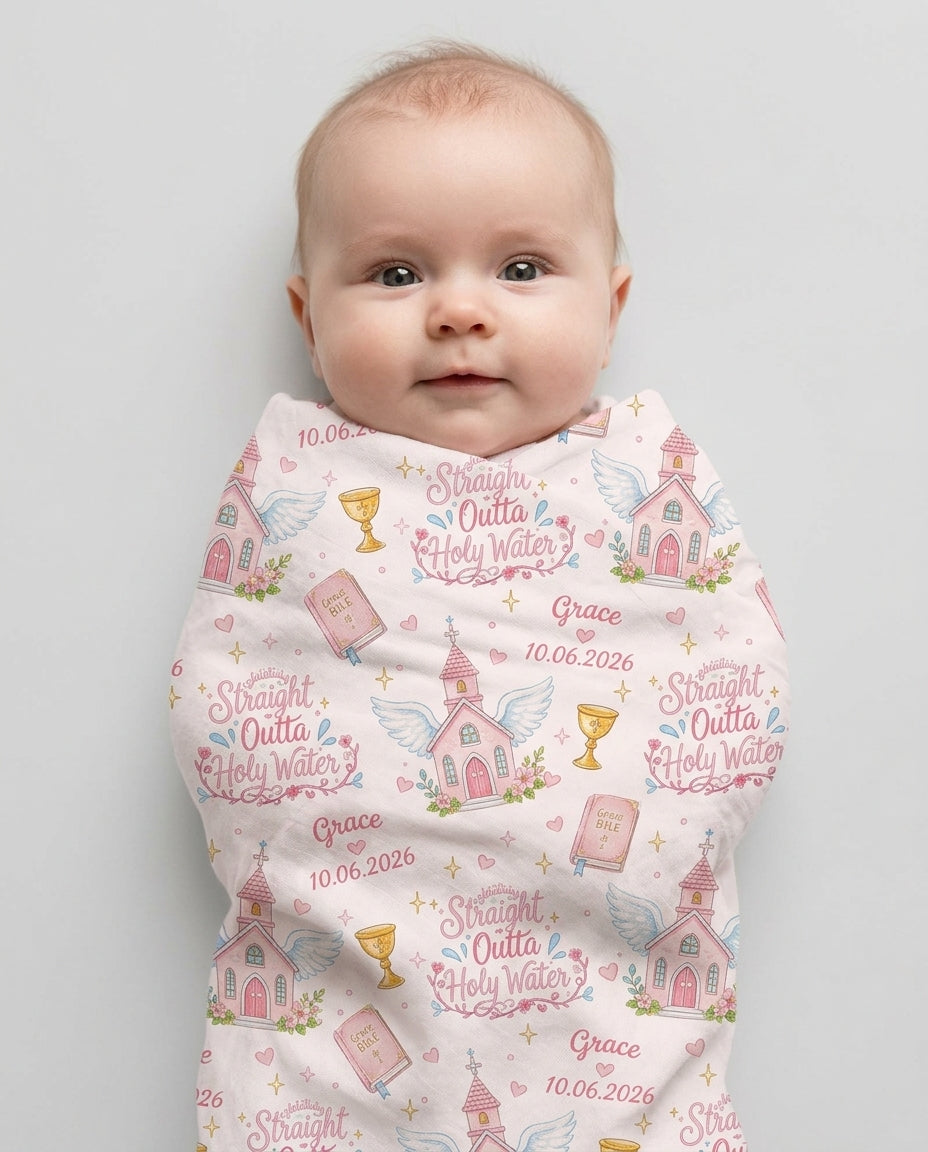 Custom Name Baptism Christening Straight Outta Holy Water Swaddle Blanket