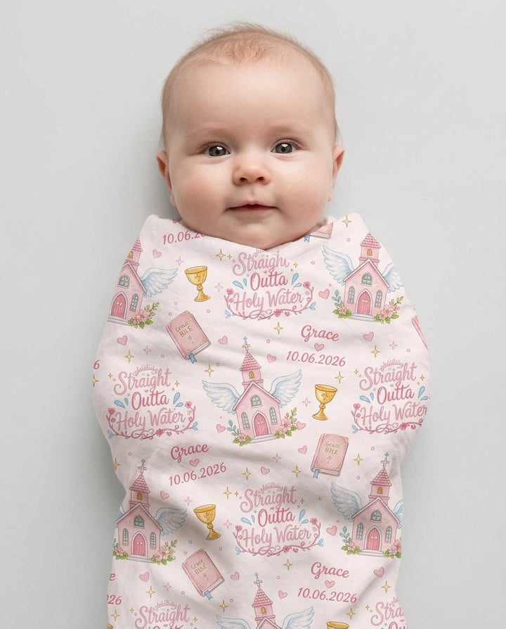 Custom Name Baptism Christening Straight Outta Holy Water Swaddle Blanket