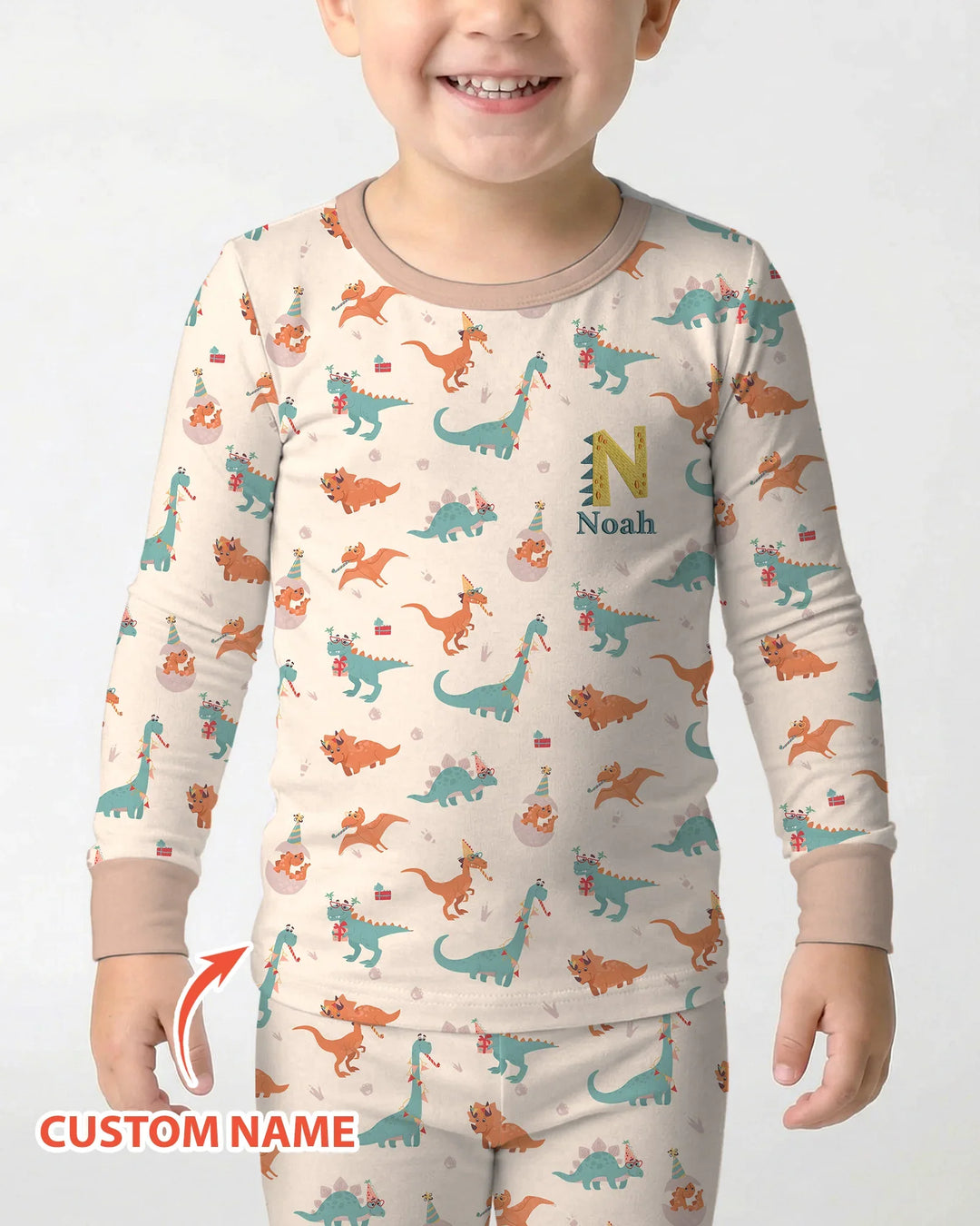 Custom Embroidered Name Dinosaurs Bamboo Two Piece Long Sleeve Pajama Set