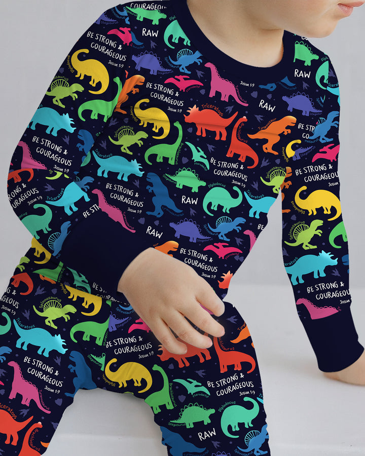 Be Strong and Courageous Dinosaur Christian Bamboo Two Piece Long Sleeve Pajama Set